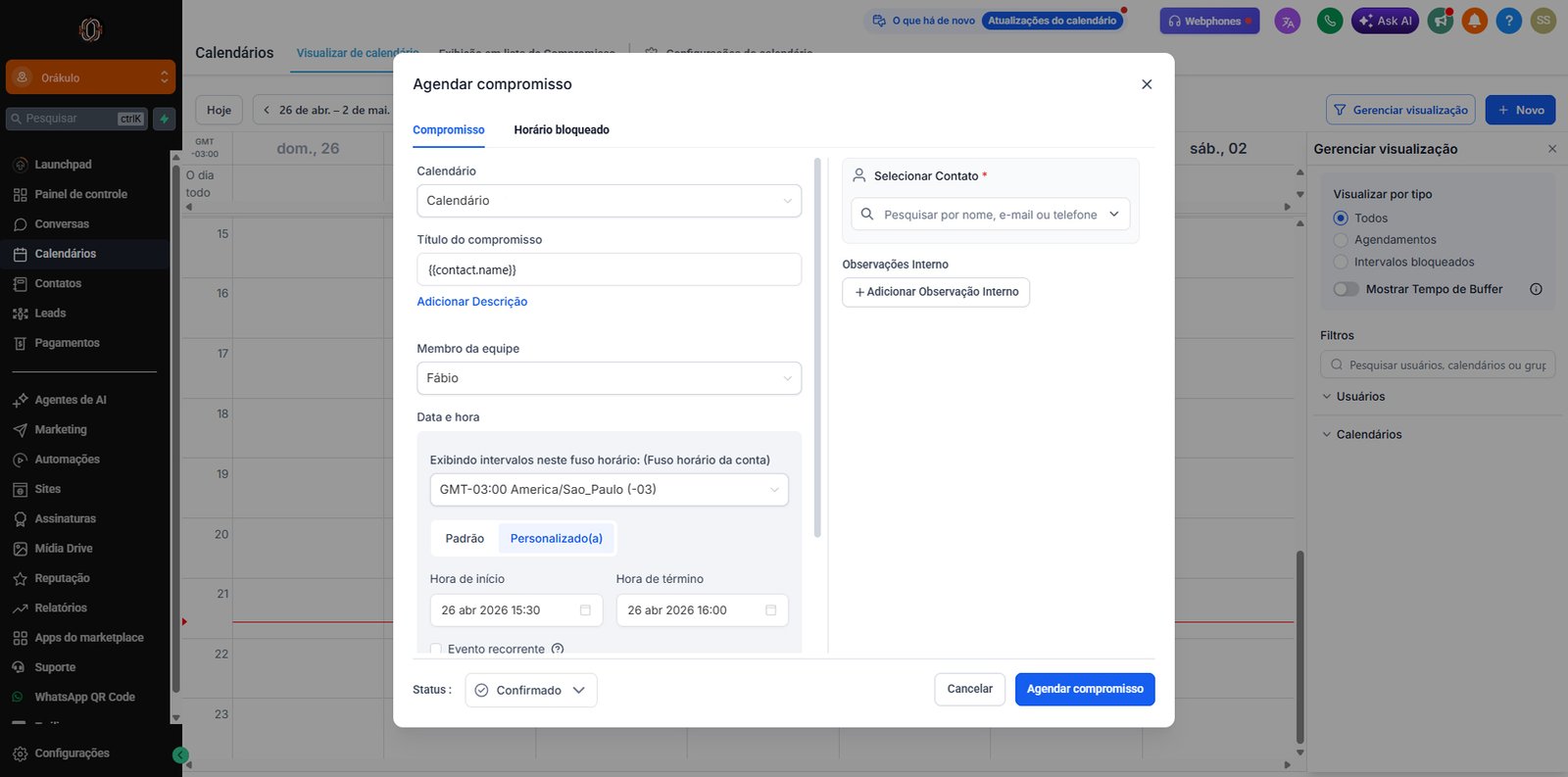 Calendário de agendamentos Orakulo — agenda online integrada ao CRM com confirmação automática