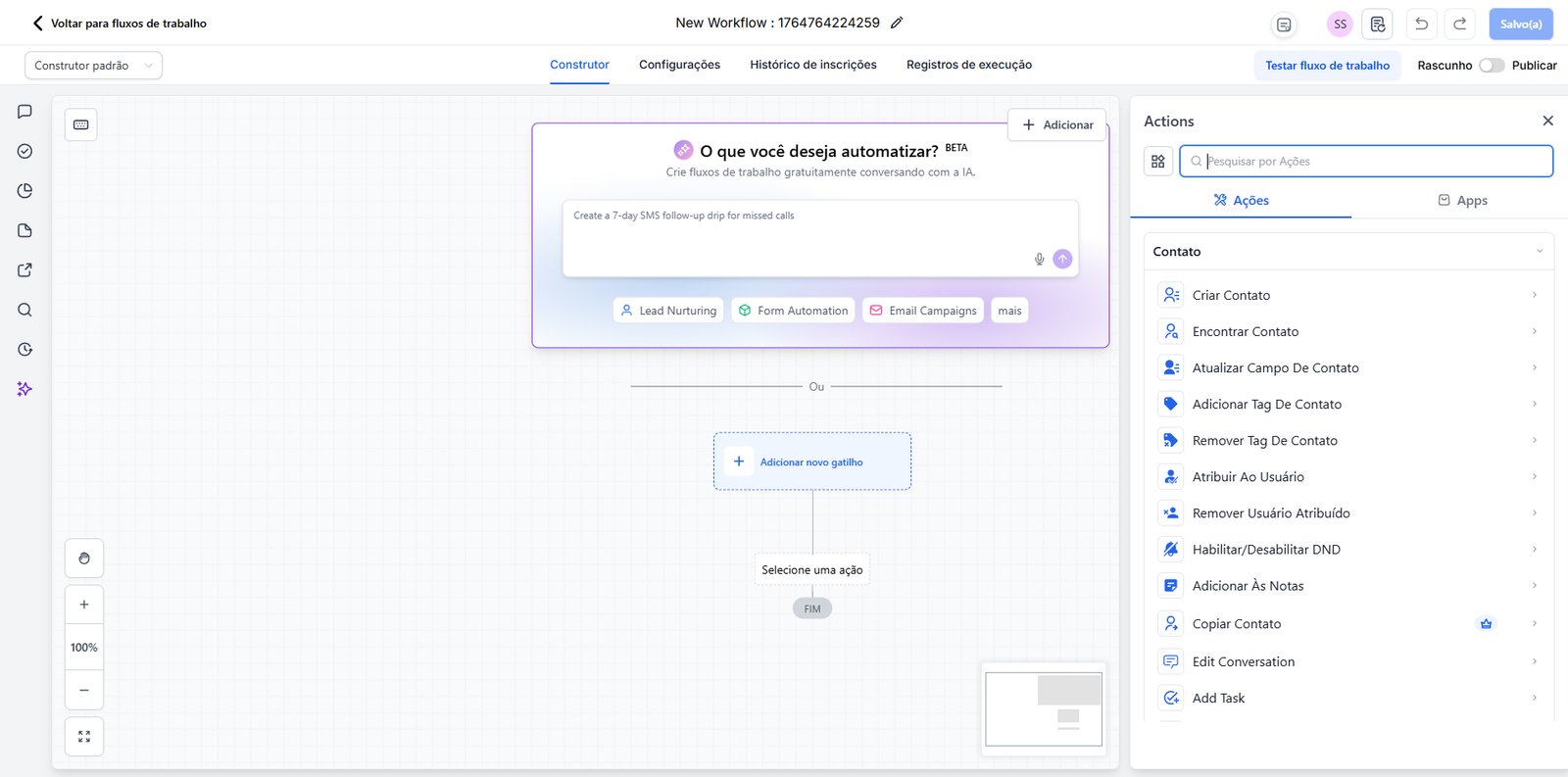 Flow builder de automações Orakulo com IA — construtor visual de fluxos de trabalho